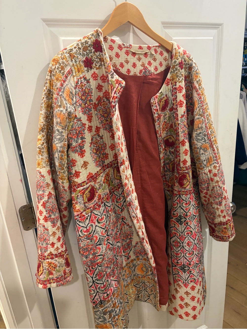 Boho Floral Quilted Long Coat in Cream and Rust
